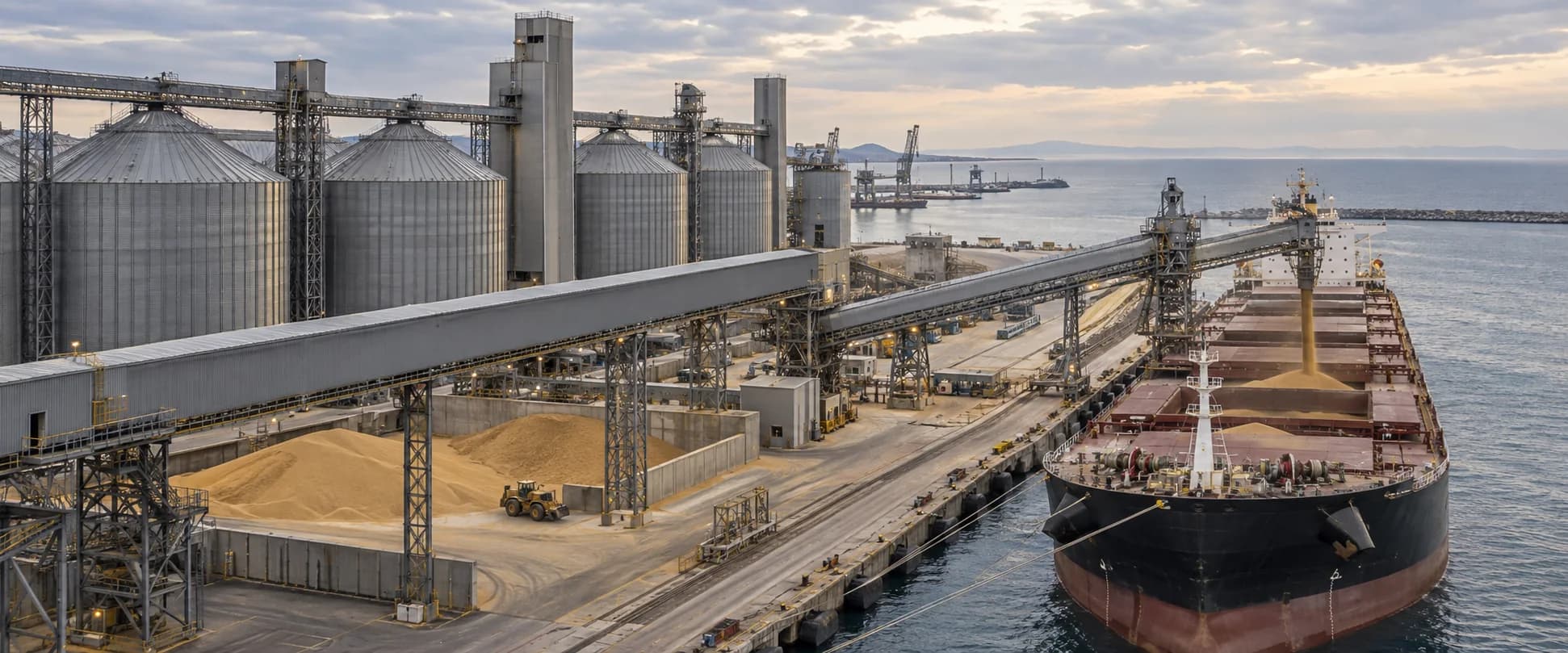 Grain silos, conveyors, and a bulk carrier at an international agricultural export terminal