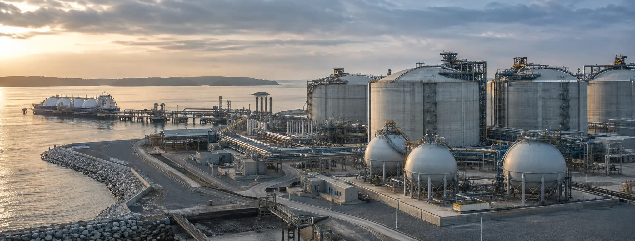 Gas storage and processing infrastructure near a port