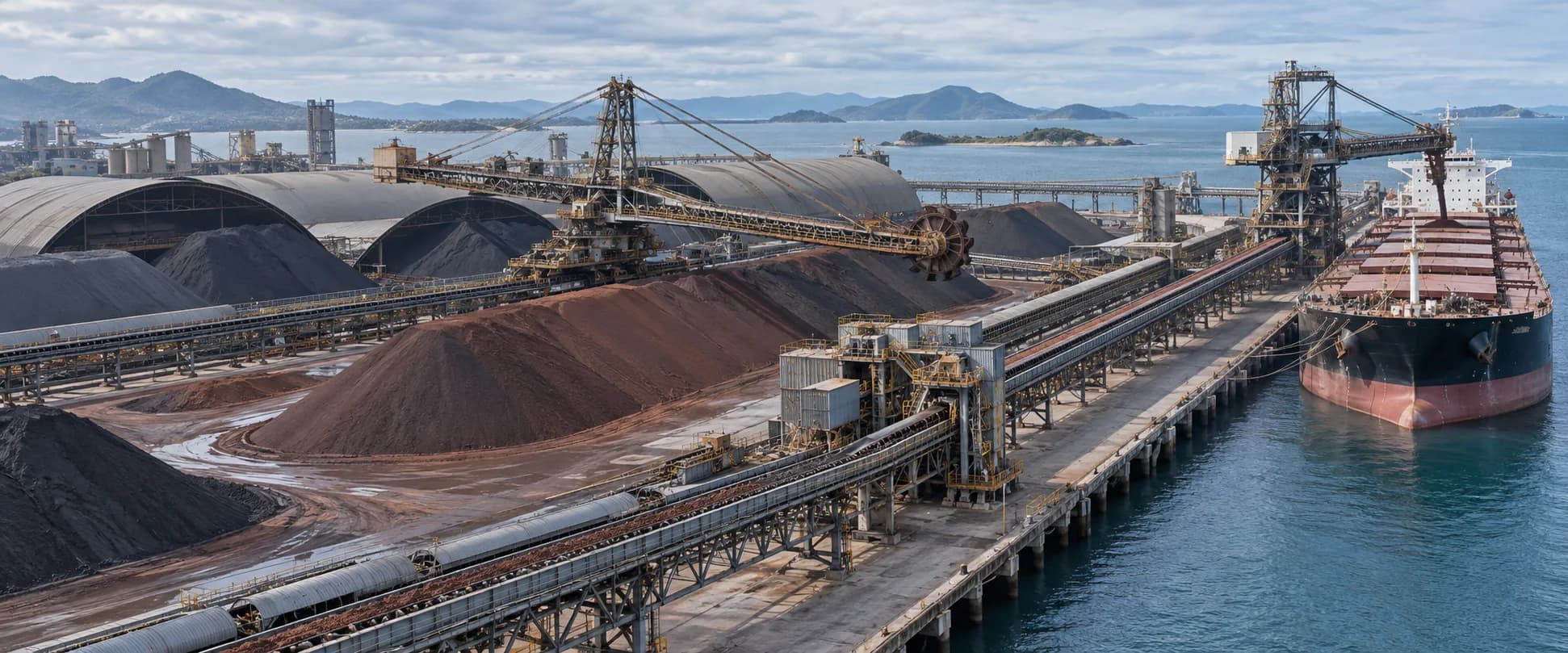 Mineral ore stockpiles, conveyors, and a bulk carrier at an international export terminal