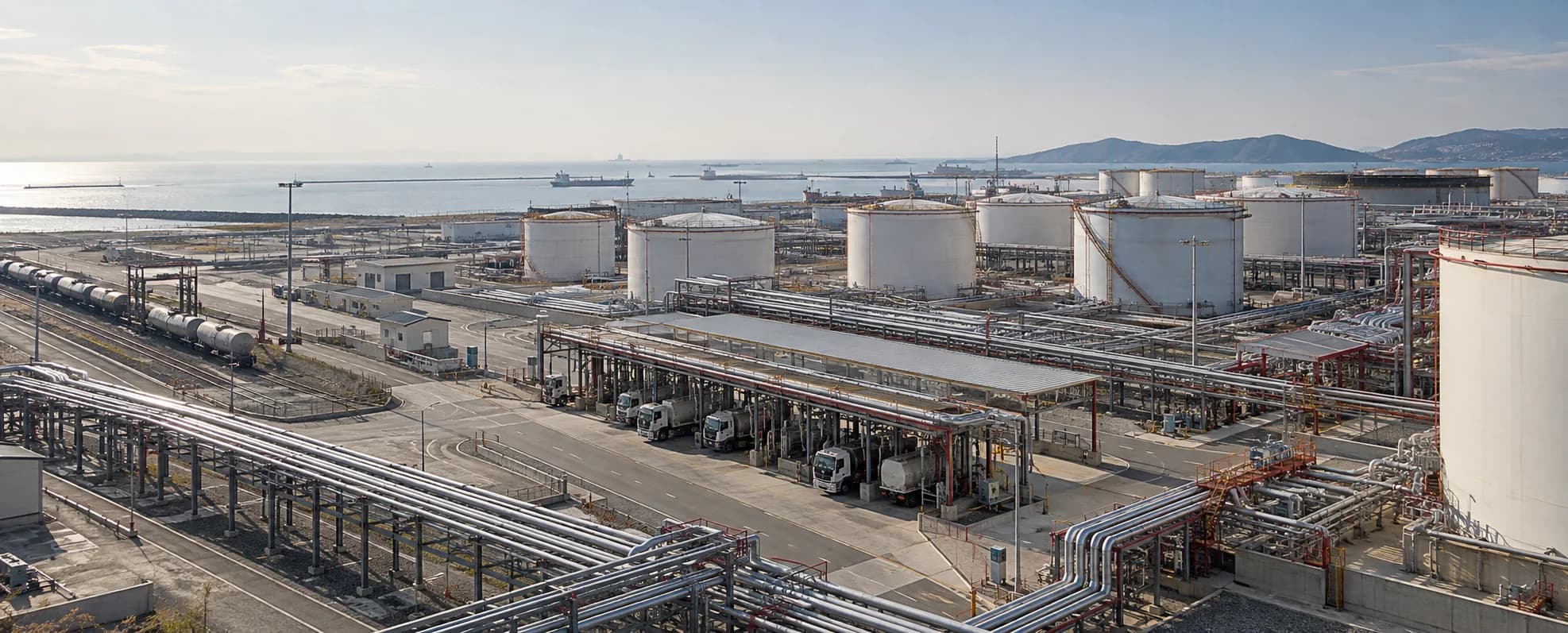 Refined petroleum product tanks and connecting terminal pipelines